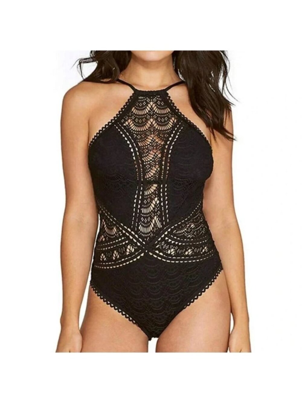 Becca Black Prairie Rose Crochet High Neck One-Piece Swimsuit